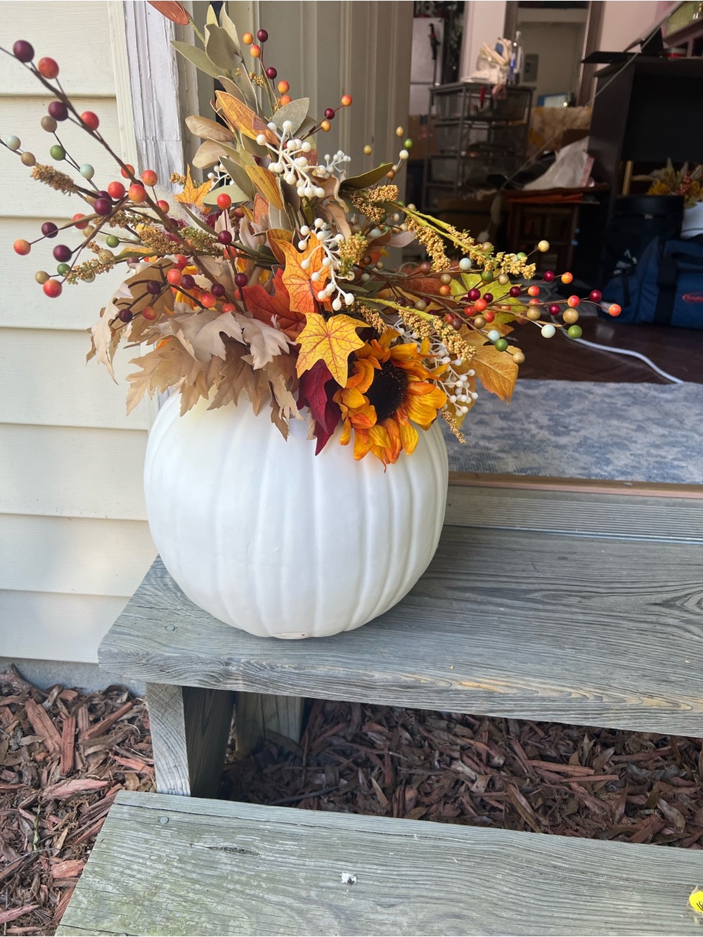 White  Pumpkin with Autumn Floral Arrangement
